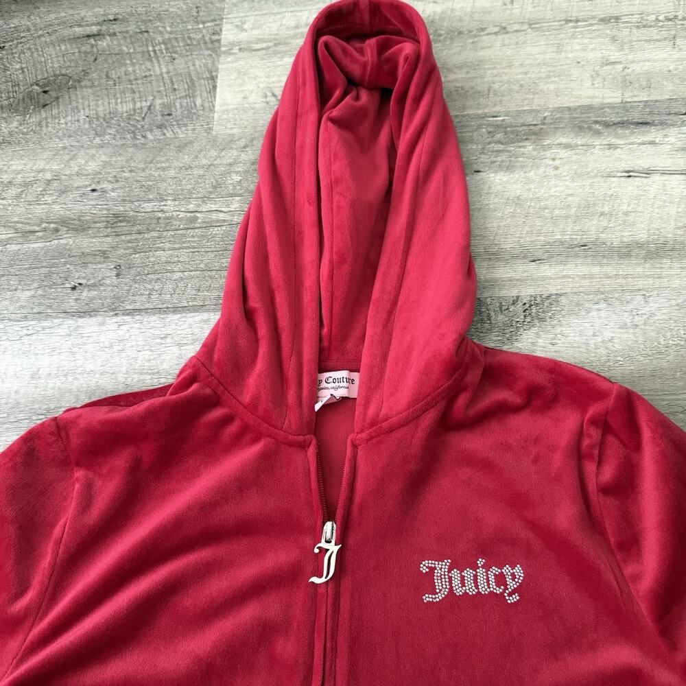 Juicy Couture Velour Zip Hoodie Womens Large Red Y2K Rhinestone Logo J-Zipper